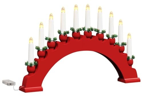 vidaXL Weihnachtskerzenbogen mit 10 LED Kerzen Rot 47 x 5 x 29 cm, Wohnzimmer, traditionelle Deko, Weihnachts-Szene, LED-Kerzenbogen, Kiefernholz-Element, gemütliches Licht