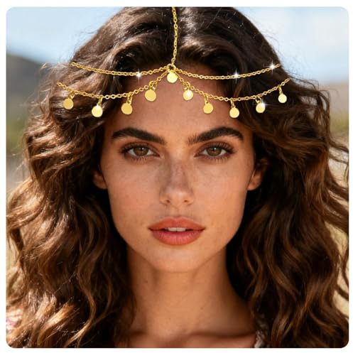 Lysjoy Wahrsagerin Kopfschmuck, Kopfkette Gold Damen, Boho Geschichtete Kopfkette, Pailletten Boho Quaste Haarkette, Gold Göttin Kopfkettes für Karneval, Geburtstage, Hochzeiten, Mottopartys