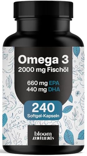 Omega 3 Kapseln hochdosiert 2000mg Fischöl – 240 Softgel-Kapseln – | mit 660 mg EPA & 440 mg DHA pro 2 Kapseln – produziert in Deutschland, laborgeprüft