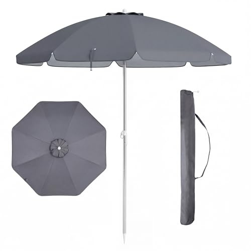 KOMFOTTEU Sombrilla Inclinable Ø 200 cm de Playa, Parasol de Jardín con Protección UV, Paraguas Plegable con Anclaje y Bolsa de Transporte, Sombrilla para Patio, Balcón, Piscina (Gris)