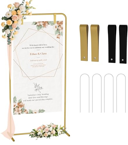 Babenest Welcome Sign Stand,Gold Adjustable Metal Wedding Sign Holder Easel | with 4 Ground Stakes & 4 Leather Straps, Event Decor & Posters for Baby Bridal Valentine Standing Display (Without signs)