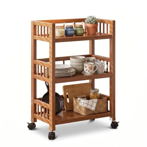 Utensy Carrito de servir con ruedas, carrito de cocina de madera con 3 estantes, carro multiusos móvil para cocina, baño, pasillo y balcón, carrito auxiliar que ahorra espacio