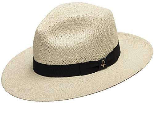 ULTRAFINO Fedora Panama-Strohhut, verstaubar, faltbar, klassisch, Beige mit schwarzem Hutband, 59 EU