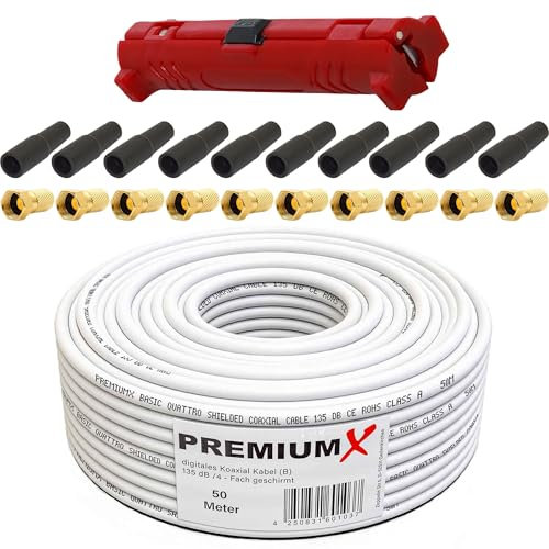 Premium X 50m BASIC Koaxialkabel 135dB 4-fach SAT TV Antennenkabel Koax-Kabel Satellitenkabel Montage-Set