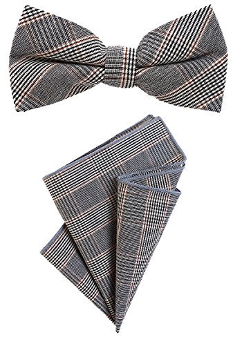 DonDon Herren Fliege 12 x 6 cm mit farblich passendem Einstecktuch 23 x 23 cm beides aus Baumwolle im Tweed Look grau-braun kariert