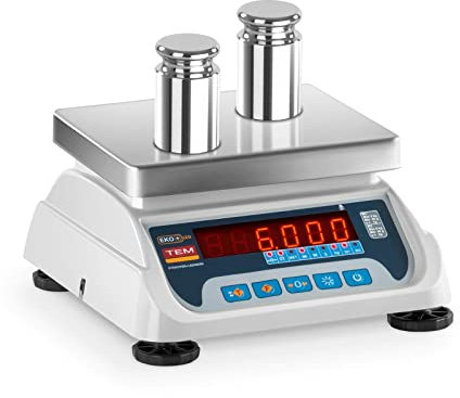 TEM Tischwaage Marktwaage Kontrollwaage digitale Waage TEKO+LED06T-PLS-B1 (kalibriert, geeicht, 3 kg/6 kg, 1g/2 g, LED-Display, Akku bis 40 h Betrieb, versch. Funktionen)