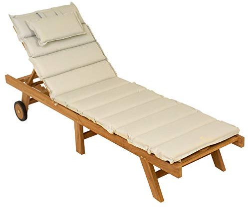 Nexos Trading DIVERO Sonnenliege Holzliege Gartenliege klappbar Teakholz behandelt inkl. Räder Auflage Farbe wählbar (Creme)