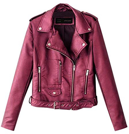Yowablo Lederjacke Damen Künstlich PU Bikerjacke mit Reißverschluss, Kurze Jacke für Herbst mit Niet (M,Wein)