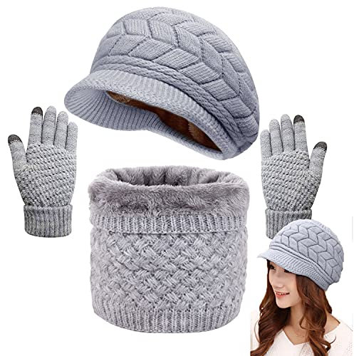 Yutdeng Damen Winter Warm Hut Schal Handschuhe Set Touchscreen-Handschuhe Strick mit Kreis Loop Schal Fleece Gefüttert für Ski 3-in-1 Mütze Winter-Set draussen(Grau,Einheitsgröße)