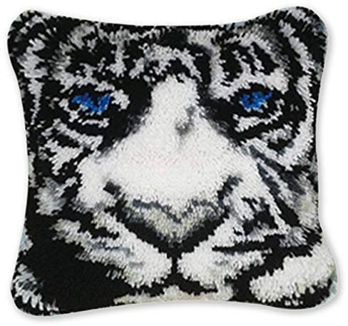 Coopay Latch Hook Kissen Kit, Tier Knüpfkissen Set für Anfänger Erwachsene oder Kinder zum Selber Knüpfen, DIY Knüpfteppich Knüpfpackung, weißer Tiger, Knüpfhaken Set 43 x 43 cm