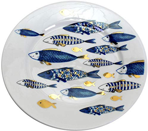 SET 6 St. Desserteller Blue Fish Fisch Blau Gold 21cm Kuchenteller Teller Geschirr Porzellan Kommunion Konfirmation Taufe