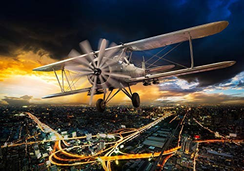 wandmotiv24 Fototapete Propellerflugzeug alt Nacht, L 300 x 210 cm - 6 Teile, Wanddeko, Wandbild, Wandtapete, Himmel Flugzeug Skyline Wolken M6712