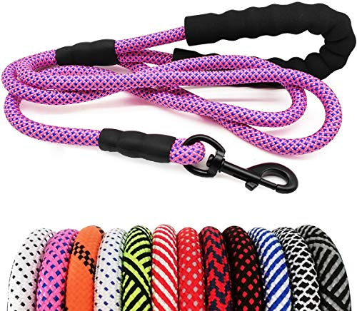 MayPaw Heavy Duty Rope Dog Lead, 3/4/6/7/8/10/12/15 FT Nylon Pet Leash, Soft Padded Handle Thick Lead Leashes for Large Medium Dogs Walking Jogging (Pink-blue Dot, 1/2 * 10')