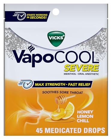 Vicks VapoCool Severe Medicated Sore Throat Drops, Max Strength Menthol, Soothes Sore Throat Pain, Honey Lemon Flavor, 45ct