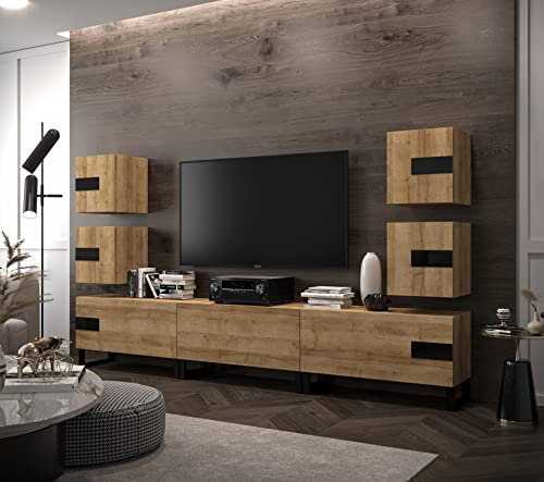 Furnitech Wohnwand Wohnzimmer | Wohnzimmer Möbel mit LED Weiß | Hängend Wohnwand Modern | Wohnzimmer Schrankwand mit Regale und TV Schrank (Future C95-22DZ-FB-M6-1C)