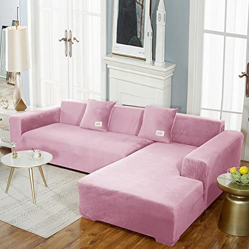YOPOIY Sofaüberwurf für Sektionssofa, Samt Plüsch Sofabezug L Form Schmutzabweisend Möbelschutz mit Gummiband für Ecksofa-rosa-4-Sitzer + 4-Sitzer