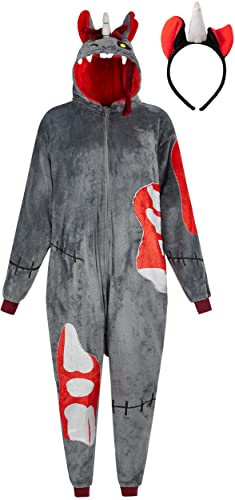 corimori Flauschiges Zombie Einhorn Kostüm für Erwachsene mit Haarreif | Halloween Kostüm Onesie für Damen, Herren | Körpergröße 180-190cm