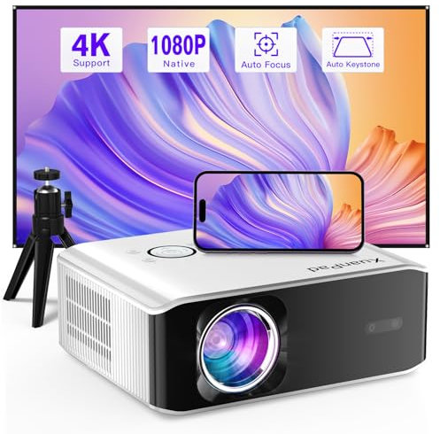 XuanPad AI Auto Focus & Keystone 4K Supported WiFi6 Bluetooth Projector - 22000L Native 1080P Smart Video, Portable Outdoor/Home With Tripod for Phone