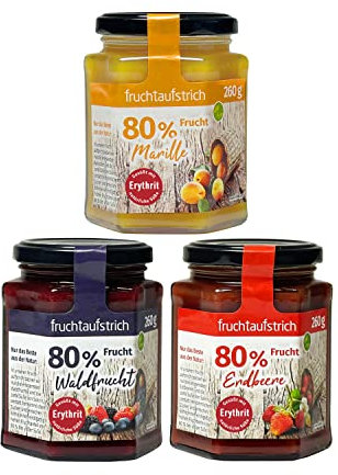 Probierset Fruchtaufstriche ohne Zuckerzusatz mind. 80% Fruchtanteil Erdbeere, Aprikose, Waldfrucht gesüßt mit Erythrit und Stevia (260g) (3 Gläser)