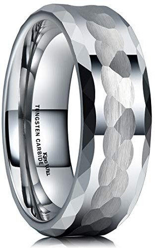 King Will HAMMER Men 8mm Tungsten Carbide Ring Multi-faceted Hammered Polished Finish Wedding Band8