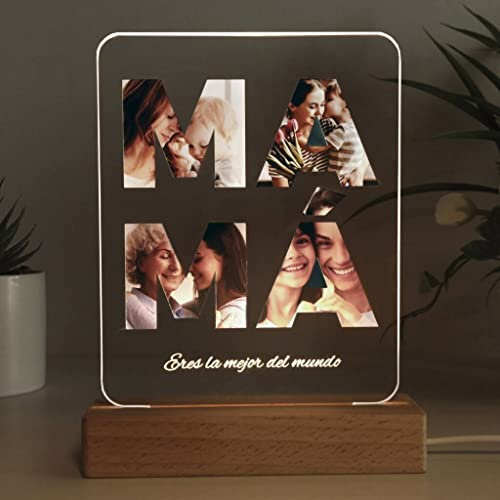 Transparent Gift Lámpara Personalizada Palabra Mamá Letras con Fotos y Frase. Regalo Día de la Madre, Regalo Cumpleaños Mujer. Ideas Regalos Originales para Mamá. Diseño en Placa Metacrilato con Luz
