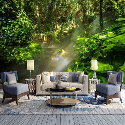 GIVLWF Papier Peint Panoramique de Forêt Du Soleil Du Matin, Végétation Verte De La Forêt Tropicale Poster Murale Intissé - pour Chambre Salon Décoration Murale - 300 x 210 cm