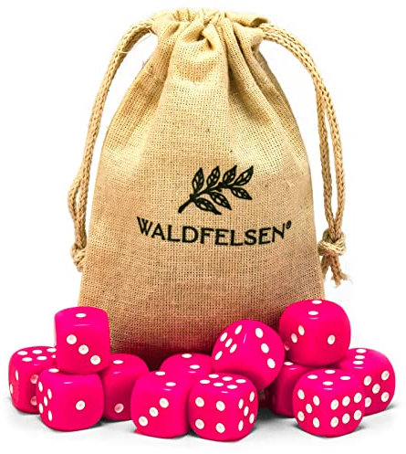 Waldfelsen 6, 12, 20, 30 oder 50 hochqualitative Würfel Standardgröße 16 mm Acrylwürfel Knobel Spielwürfel Dice 6-seitig sechsseitig Spielzubehör Set mit Stoffbeutel (Pink, 12 Stück)