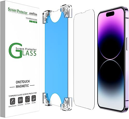 amFilm 2 Pack Magnetic OneTouch iPhone 14 Pro 6.1 Screen Protector [Eco Friendly & Reduce Plastic] [Indestructible Ultra 9H Tempered Glass] [15 seconds Auto-Alignment & Ultra Fast Installation]