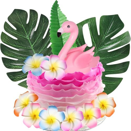 11 Stück Flamingo Tortendeko Flamingo Figur Hibiskus Blüten Palmblätter Kuchen Deko für Sommer Hawaiian Beach Tropical Luau Aloha Thema Baby Dusche Geburtstag Party Cake Topper
