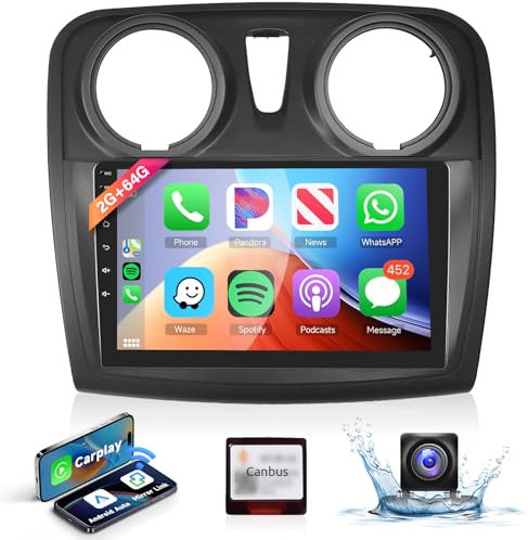 【2+64G】 9''Radio Coche Bluetooth para Renault Dacia SANDERO II B52 2012-2019 con Carplay Inalambrico Android Auto,Podofo Anroid Radio FM/RDS 2 DIN Hi-FI con Pantalla SWC+Mic+AHD Cámara Trasera/DVR