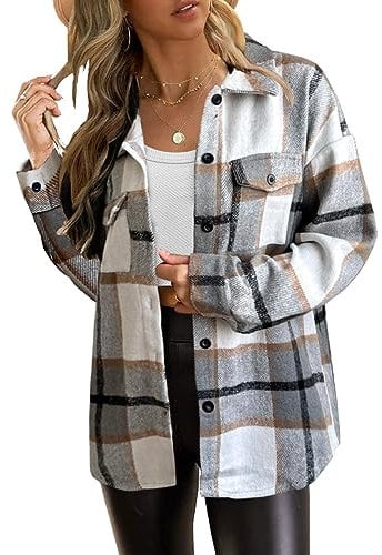 Zeagoo Karierte Jacke Damen Frühling Winter Hemdjacke Casual Oversized Bluse Mantel Warme Langarmshirt Übergangsjacke Hellgrau S