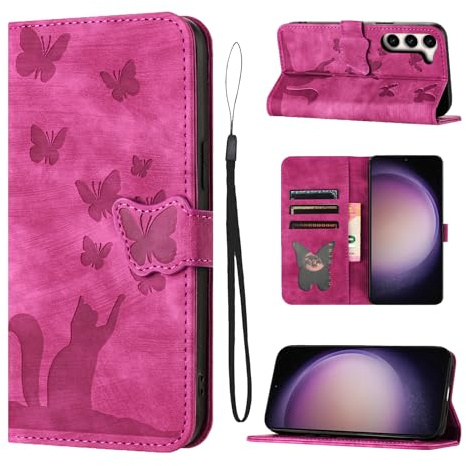 LSPCASA Klappschutzhülle Für Samsung Galaxy S23 6.1 Zoll Standfunktion Samsung Galaxy S23 Hülle Mit Kartenfächern Handyhülle Samsung S23 Katzen Schmetterlingsmuster Lederhülle Rosa