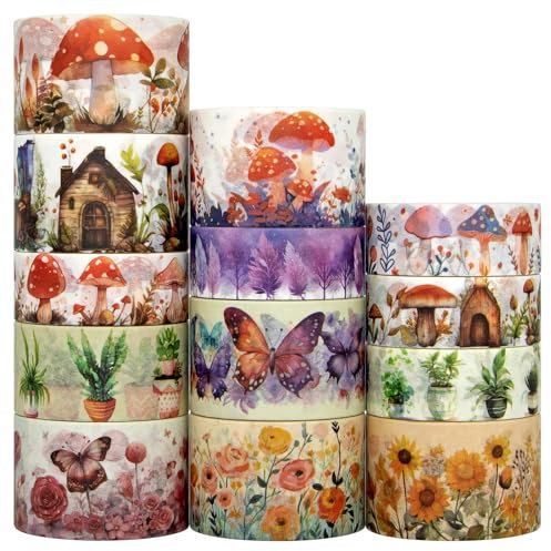 Washi Tape Set 13-Rollen-Pilz Schmetterling Floral Dekorative Tape, farbiges Masking Tape für Scrapbooking Supplies, Bullet Journal Supplies, Junk Journal, DIY Handwerk Kunst