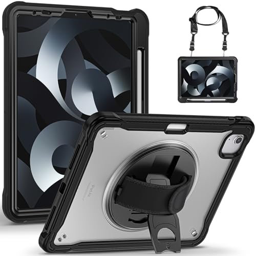 Gerutek Funda para iPad Air 5.ª/Air 4ª Gen 10.9 & iPad Pro 11 (2022/2021/2020/2018), Trasera Transparente, Carcasa Rugosa con Soporte Giratorio, Correa de Mano y Hombro Ajustable/Desmontables, Negro