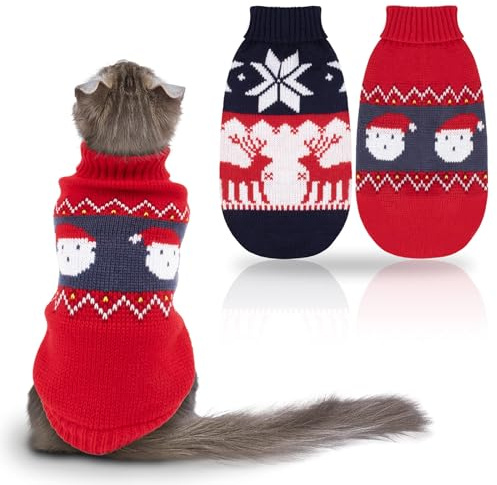 RANYPET 2 Stück Katzenpullover Weihnachten Welpen Gestrickter Pullover, Weihnachten Muster Strickwaren warme Haustier Pullover für Kätzchen und kleine Hunde XS