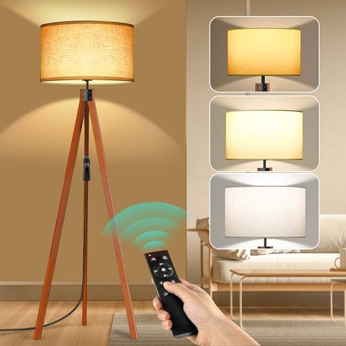 Lámpara de Pie Madera, Lámpara Pie con Control Remoto, Regulable con 3 Temperaturas de Color, Lámparas de Pie para Sala de Estar, Dormitorio, Pantalla de Lámpara Color Lino con Base de Lámpara E27