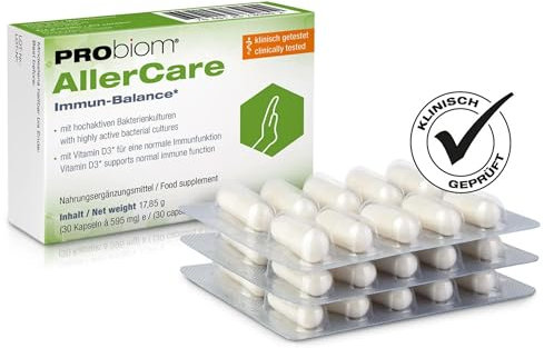 PRObiom® AllerCare bei überreagierendem Immunsystem – Klinisch getestete Bakterienkulturen & Vitamin D3–Unterstützung für ein ausgeglichenes Immunsystem–für Kinder & Erwachsene -30 Kapseln (1 Monat)