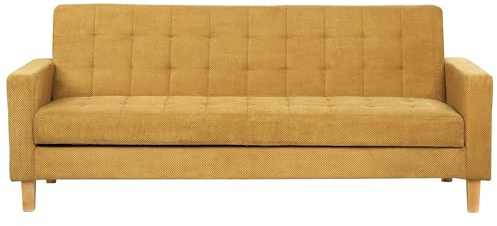Beliani 3-Sitzer Sofa mit Schlaffunktion Stoffbezug gelb gesteppt Holzbeine Retro Vehkoo