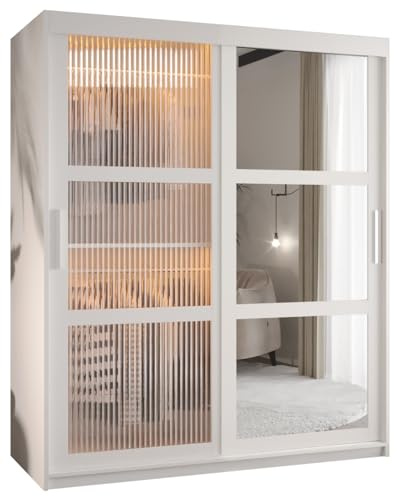MEBLE KRYSPOL Flutes 2 Schrank mit Zwei Schiebetüren mit Spiegel, Stangen und Regalen - Wohnzimmerschrank - Fronten aus geflammtem Glas - 200x150x62cm - Weiß, Weiß, Silber