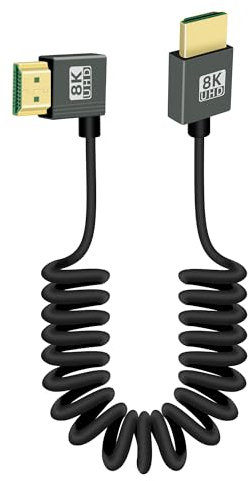 RIIEYOCA 8K 90 Grados HDMI a HDMI Cable en Espiral Corto, ángulo Derecho 48Gbps de Alta Velocidad HDMI2.1 Soporte 8K @ 60Hz, Compatible con Videocámaras, Monitores (Derecha)