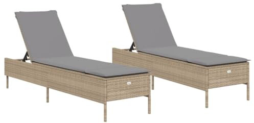 vidaXL Sonnenliegen 2 STK., Sonnenliege mit Auflagen Rückenlehne, Relaxliege für Garten Terrasse, Gartenliege Sonnenbett, Beige Poly Rattan