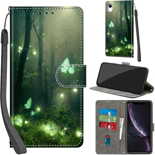 Haninsuze Case for iPhone XR 6.1-Inch, Forest Butterfly | PU Leather, 3 Card Holder, Wallet Book Flip, Folio Stand View, Magnetic, Multi-Pattern Cover, Lanyard Strap