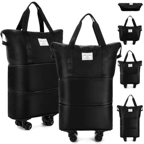 Abbylike 2 bolsas de lona con ruedas con ruedas, bolsa de lona grande, plegable, bolsa de viaje expandible, bolsa de equipaje, maleta, color negro, Negro -, 21.65 x 8.66 x 12.6 inches