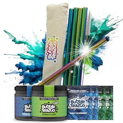 BubbleTea2Go - Shiny Special Mix Paket - DIY Bubble Tea Set, 4x Premium Bubble Teas, mit 2x Bubble Perlens, 5x Rainbow Strohhalm - Boba Tea Kit für Parties