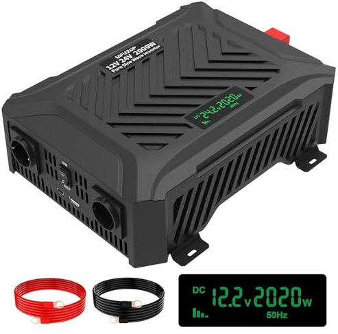 MFUZOP Wechselrichter 12V/24V auf 230V Reiner Sinus 2000W/4000W Spannungswandler 12V/24V intelligentem Erkennungssystem mit 2 EU Steckdose, 1 Type-CAnschluss, 2.1A USB-Anschluss (12V/24V-2000W)