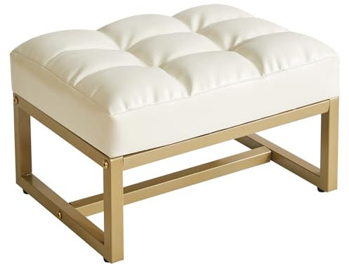Aibiju Petit Repose-Pieds Ottoman Rectangulaire en Simili Cuir avec Cadre en Métal Doré, Tabouret à Chaussures pour Salon, Chambre à Coucher, Bureau D'entrée, Blanc YD-JD139W