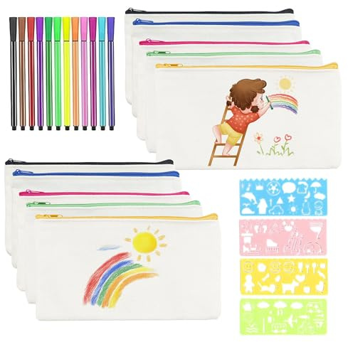 Megcdtr DIY Blanko Stoffbeutel, 10 Stück Leinwand Federmäppchen zum Bemalen mit 12 Buntstift 4 DIY Malschablonen und Haftnotizen, Stoff Federmäppchen für Schreibwaren Kleinigkeiten(21 x 12 cm)