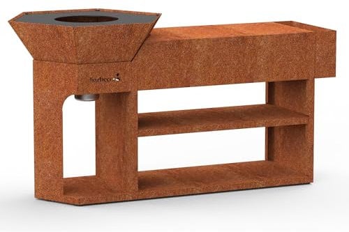 Barbacoa de leña Nestor Original barbacoa de exterior de brasero con plancha de acero corten, 190x55x100cm