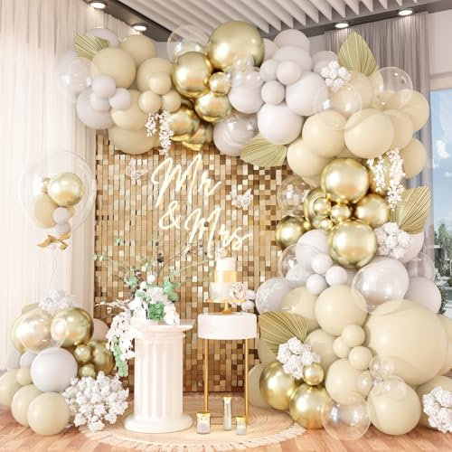 128pcs White Sand Metallic Gold Balloon Garland Arch Kit, Cream Beige with Champagne Gold Latex Balloons for Boho Wedding Bridal Baby Shower Engagement Hen Anniversary Birthday Graduation Decorations