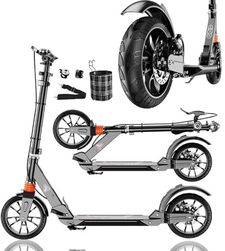 GHBXJX City Roller, Erwachsene 150 kg Tragkraft - BigWheel (200*50mm)Stabiler Scooter Kinder Pro, 4-Fach Höhenjustierbarer & zusammenklappbarer Roller mit Ständer & Scheibenbremse Sportlicher,Schwarz